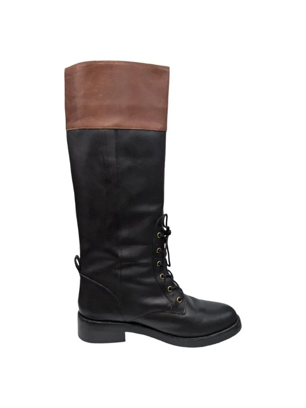 J.CREW Leather Riding Boots Womens Black Brown Lace Up Knee High BD425 Size 8